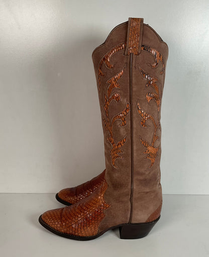 Vintage Larry Mahan Tall Cowgirl Boots 7 B Tooled Snakeskin Inlay