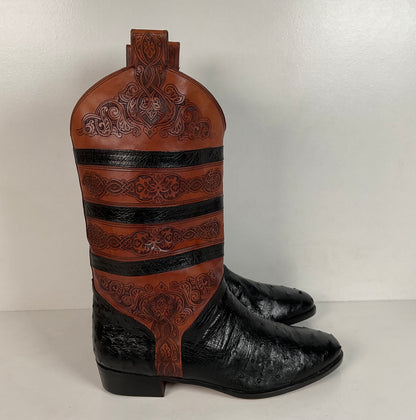 Vintage Lorenzo Banfi Ostrich Quill Bucket Boots | Tooled | Exotic | Men’s 9.5 M