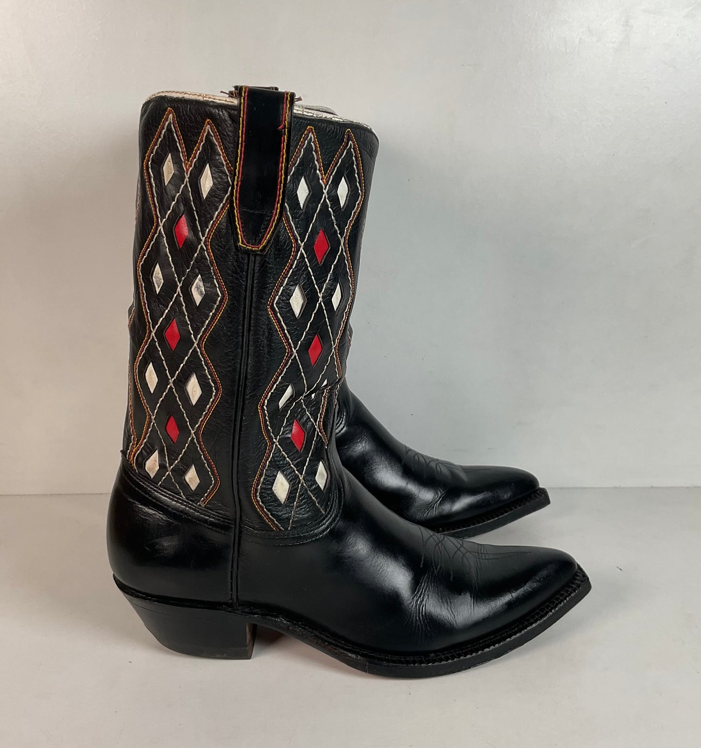 Vintage 1960s ACME Tooled Diamond Inlay Leather Cowboy Boots 8 D Old Label USA Made