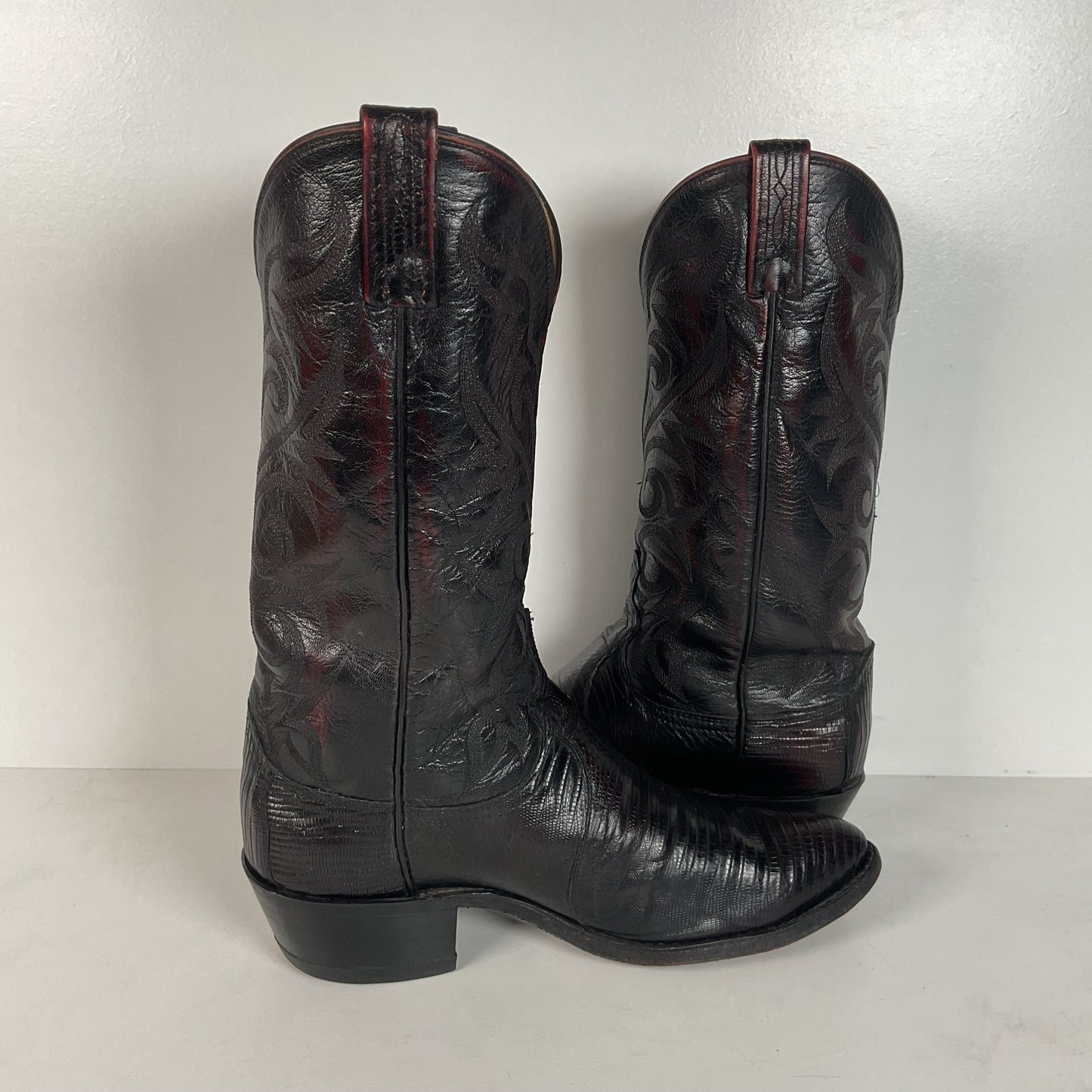 Vintage Dan Post Teju Lizard Cowboy Boots | USA Made | Black Cherry | Men’s 9 D