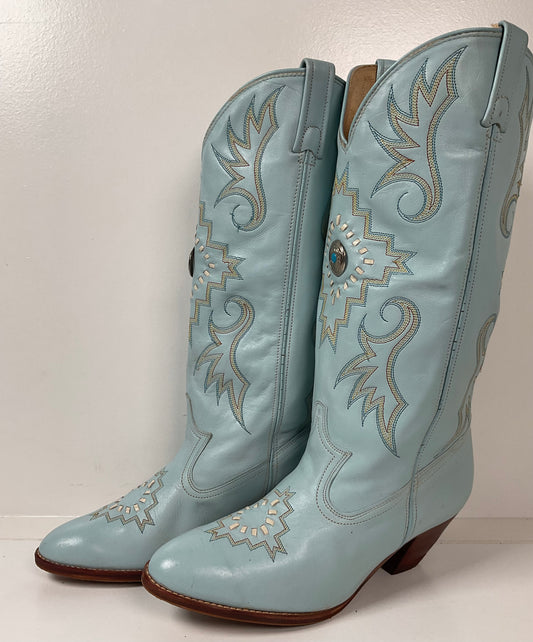 Vintage Dan Post Baby Blue Cowgirl Boots 8 M Native Design Recraft