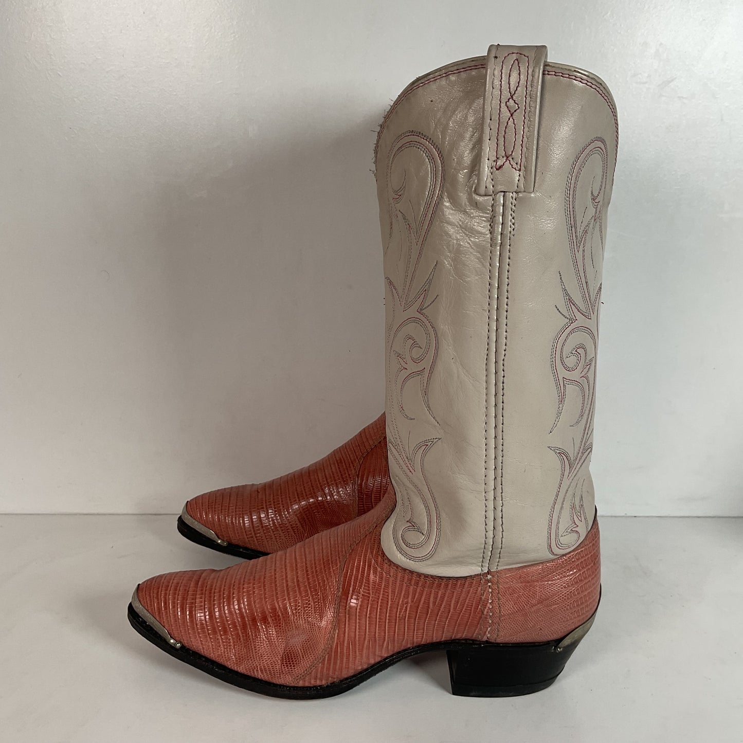 Vintage Dan Post Peach Cowgirl Boots 10 Lizard Vamp USA Made
