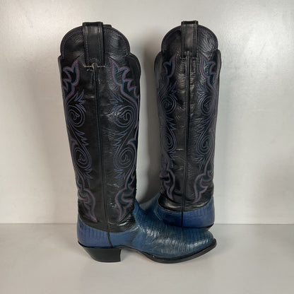 Vintage Justin Tall Blue Lizard Cowgirl Boots 6.5 B USA Made Recraft