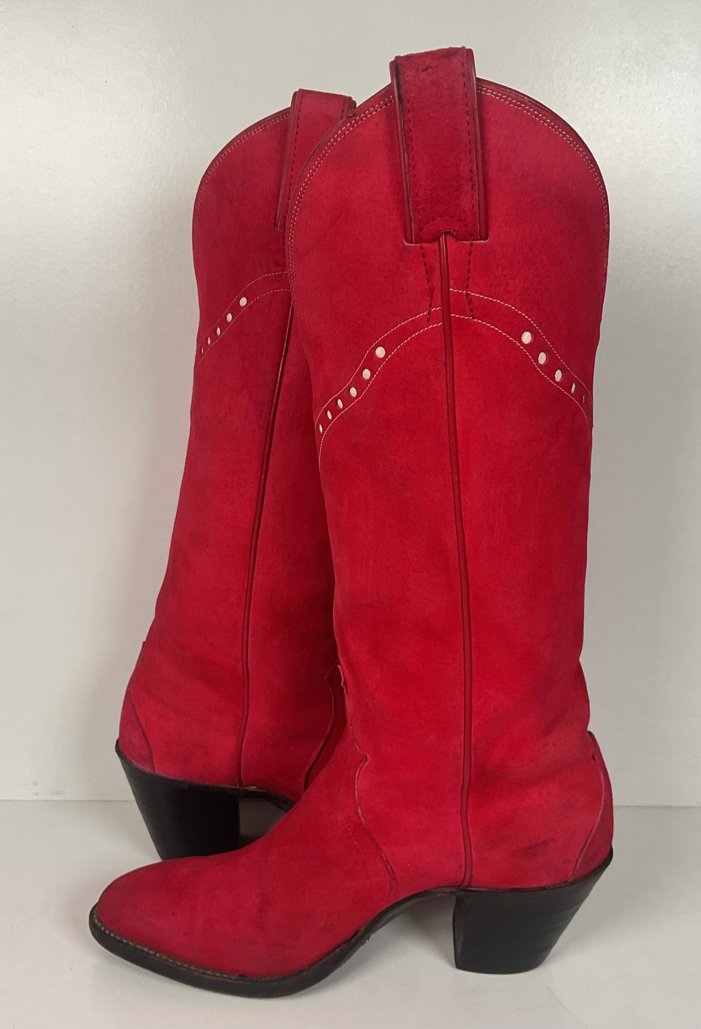 Vintage 70s Justin Red Suede Cowgirl Boots 6 B USA Made Rough Out