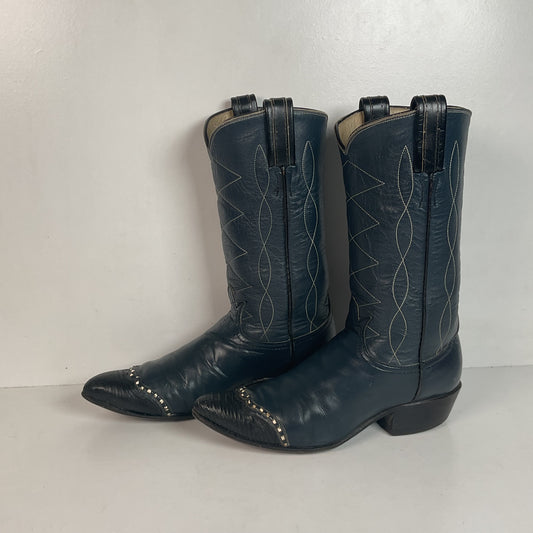 Vintage Tony Lama Navy Blue Cowgirl Boots 5.5 B Gold Label Lizard Wingtip
