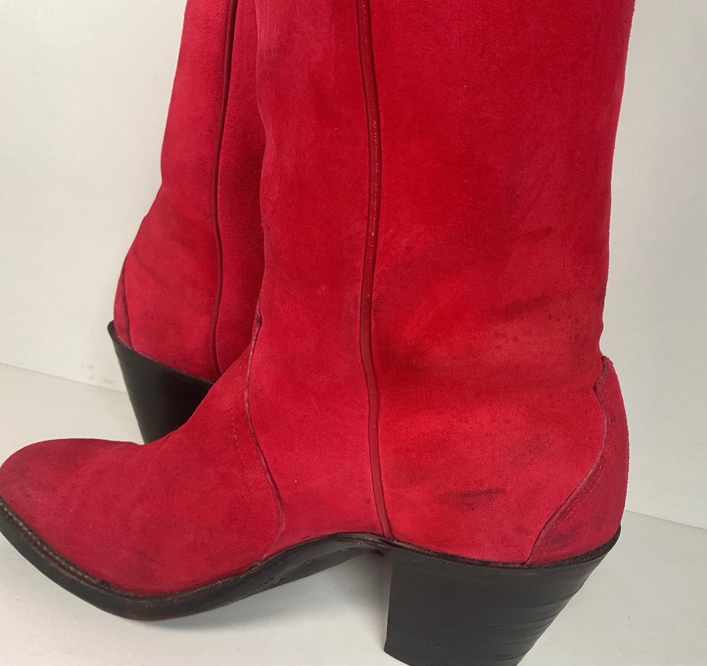 Vintage 70s Justin Red Suede Cowgirl Boots 6 B USA Made Rough Out