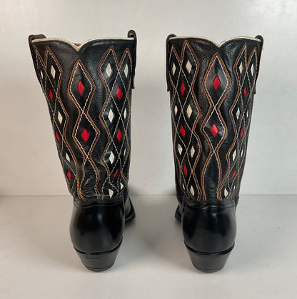 Vintage 1960s ACME Tooled Diamond Inlay Leather Cowboy Boots 8 D Old Label USA Made