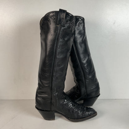 Vintage Larry Mahan Tall Black Cowgirl Boots | Python Snakeskin | 7 B