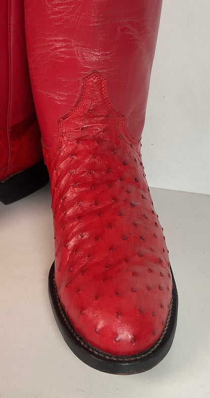 Justin Women’s Ostrich Quill Roper Boots 7 B USA Made Exotic Ruby Red
