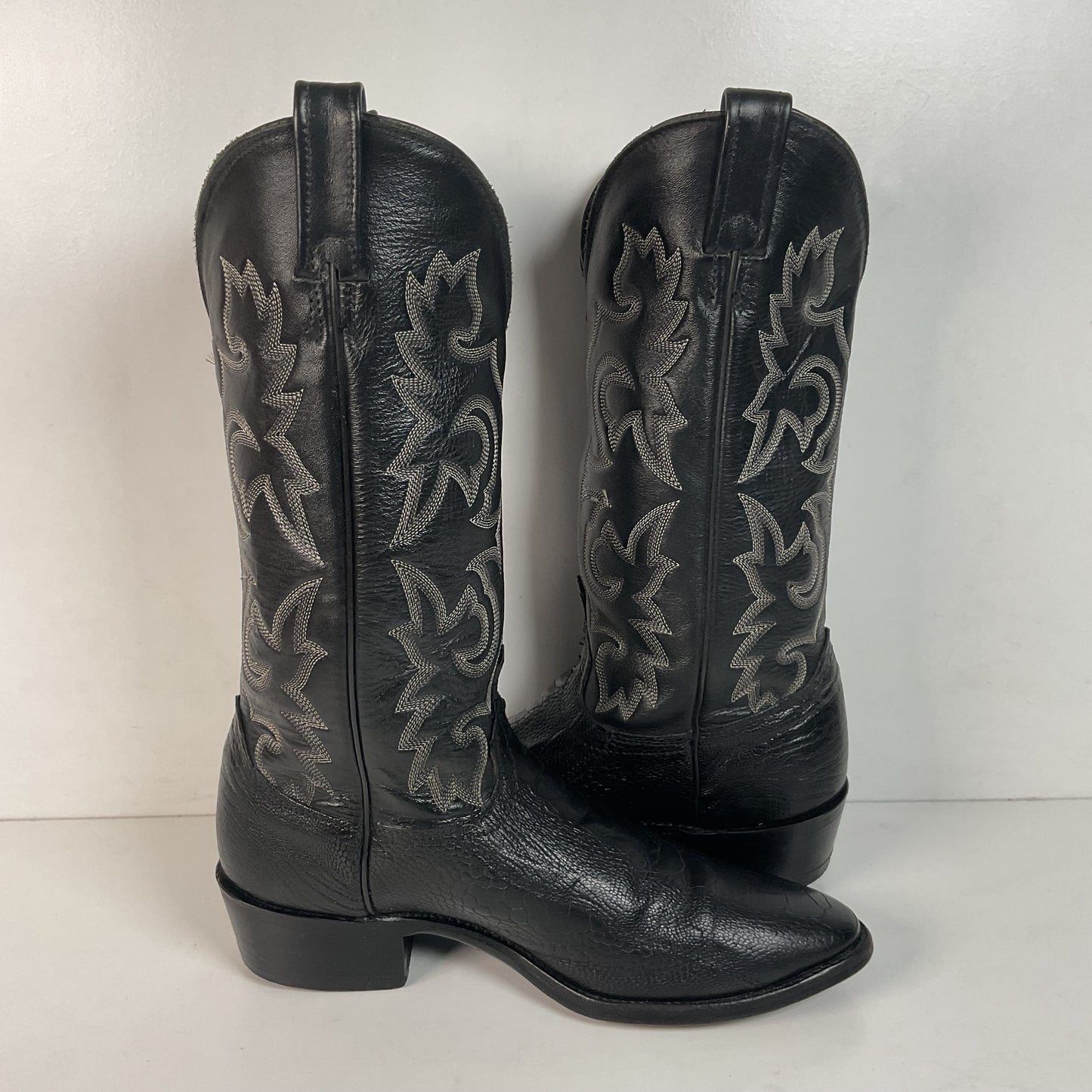 Vintage J Chisholm Exotic Ostrich Leg Cowboy Boots 9 D Classic Black USA Made