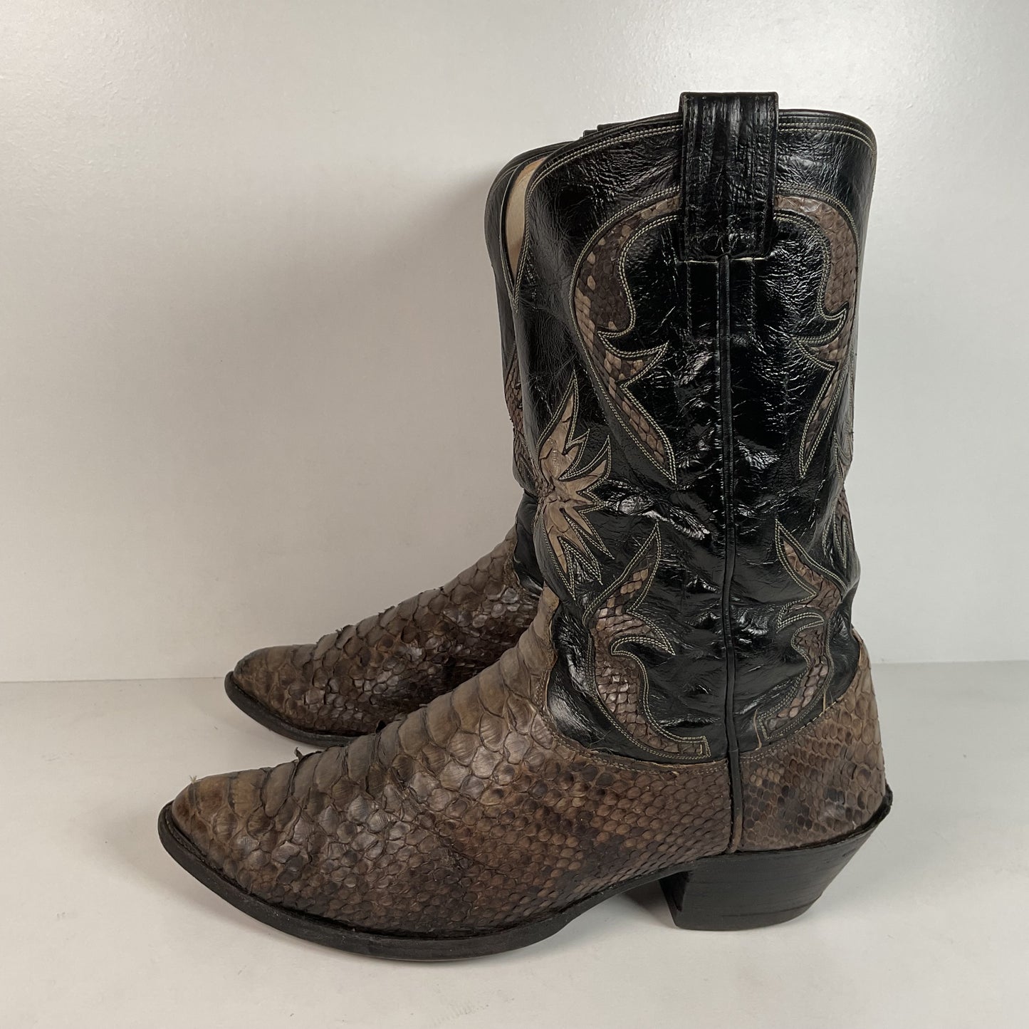 Vintage Olathe Python Snakeskin Cowboy Boots | Distressed | Tooled Inlay | 13 EE