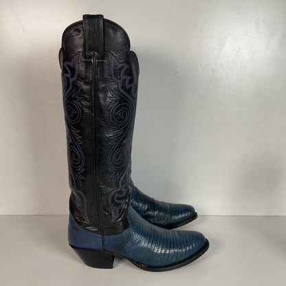 Vintage Justin Tall Blue Lizard Cowgirl Boots 6.5 B USA Made Recraft