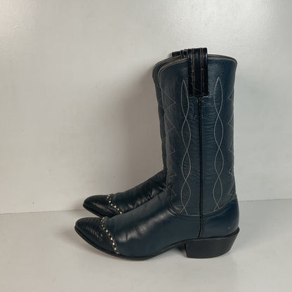 Vintage Tony Lama Navy Blue Cowgirl Boots 5.5 B Gold Label Lizard Wingtip