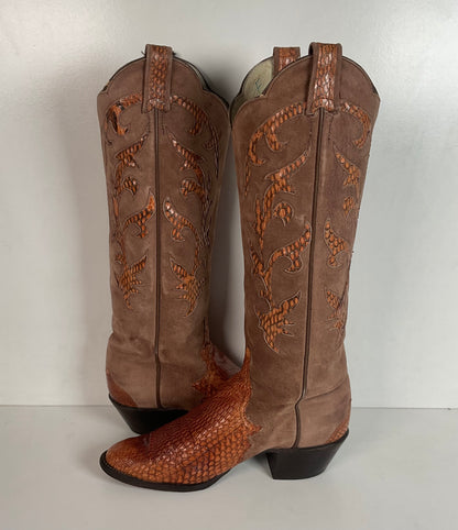 Vintage Larry Mahan Tall Cowgirl Boots 7 B Tooled Snakeskin Inlay