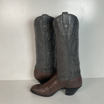 Vintage J Chisholm Grey Tall Cowgirl Boots 8 M Lizard Vamp USA Made