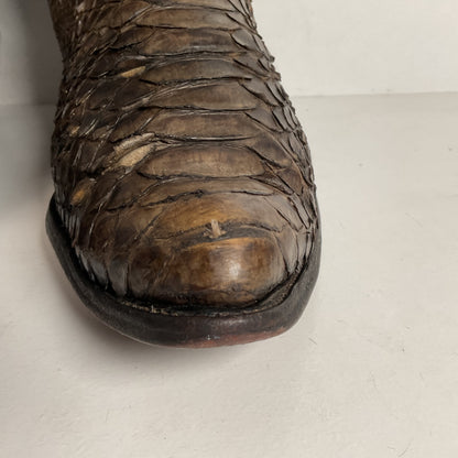 Vintage Olathe Python Snakeskin Cowboy Boots | Distressed | Tooled Inlay | 13 EE