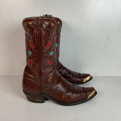 1940s Pee Wee Cowboy Boots Men’s 7 D Spiderweb Inlay Cloth Pull Thrashed