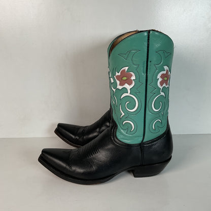 Old Gringo Turquoise Pee Wee Cowgirl Boots 7 B Tooled Flower Inlay Shorty