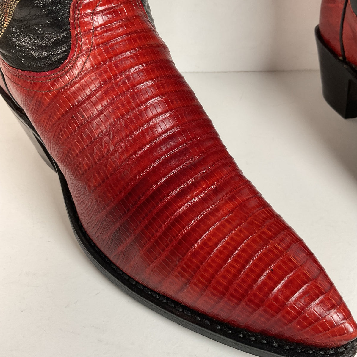 Vintage Dan Post Teju Lizard Cowgirl Boots | Tooled Overlays | Women’s 7.5