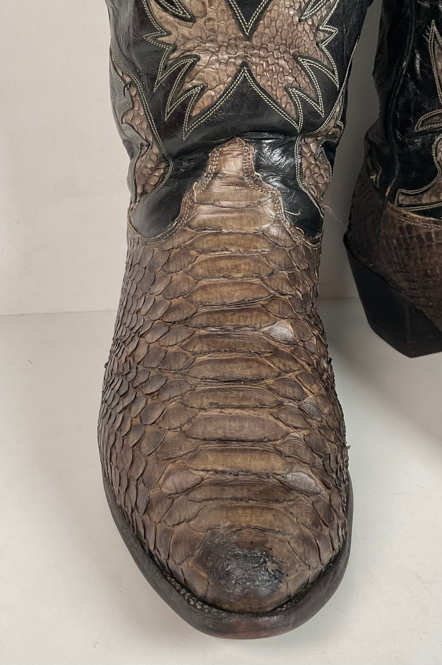Vintage Olathe Python Snakeskin Cowboy Boots | Distressed | Tooled Inlay | 13 EE