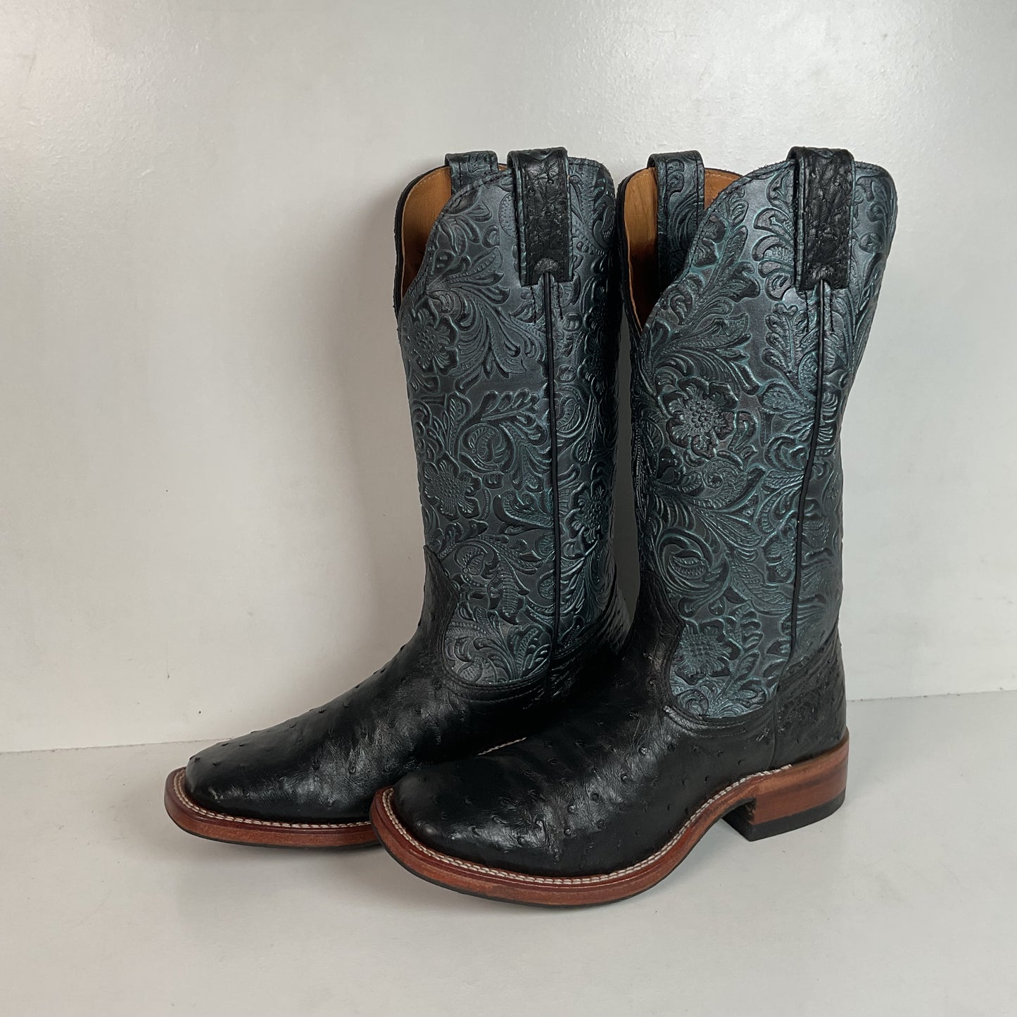 Boulet Tooled Ostrich Quill Cowgirl Boots  7 C Square Toe Exotic