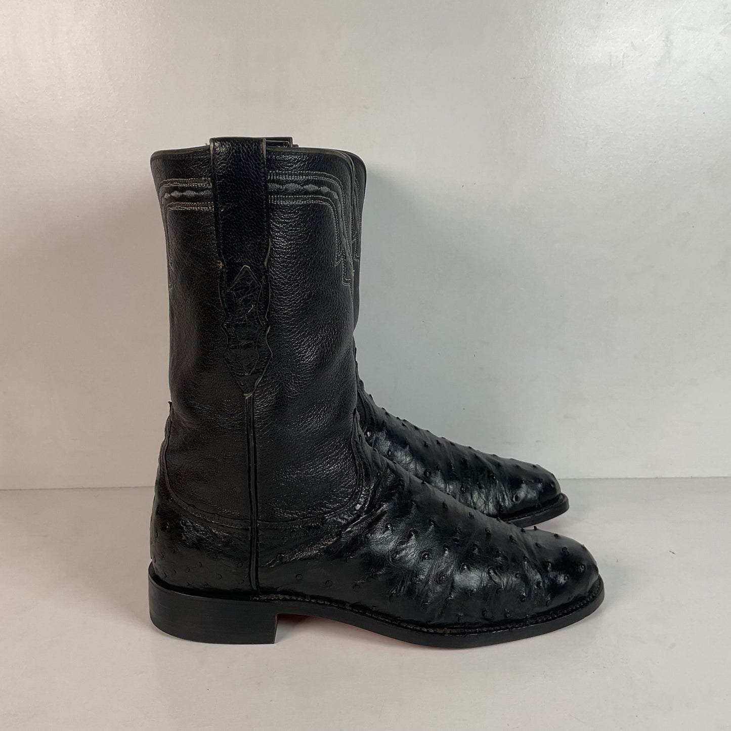 Recrafted Lucchese 2000 Black Ostrich Quill Roper Boots 9 D Exotic