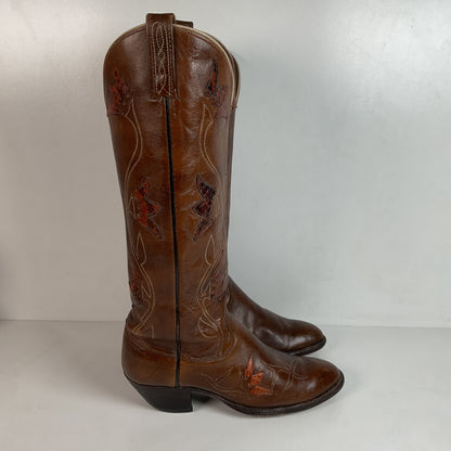 Vintage Dan Post Tall Tulip Cowgirl Boots 7.5 C Tooled Snakeskin Overlay