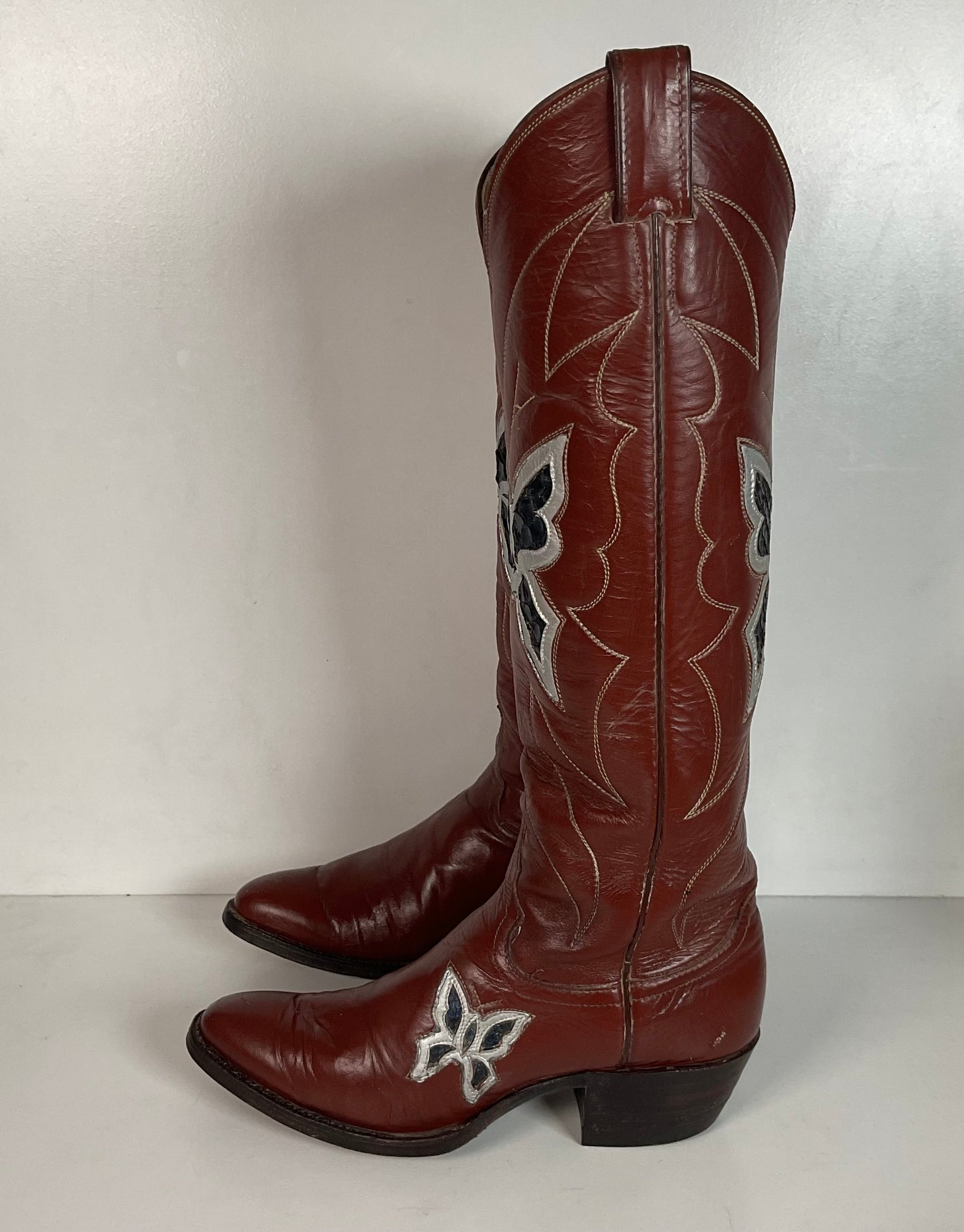 Vintage Justin 18” Butterfly Cowgirl Boots 5.5 C Snakeskin Inlay 70s