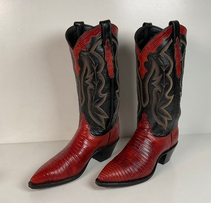Vintage Dan Post Teju Lizard Cowgirl Boots | Tooled Overlays | Women’s 7.5