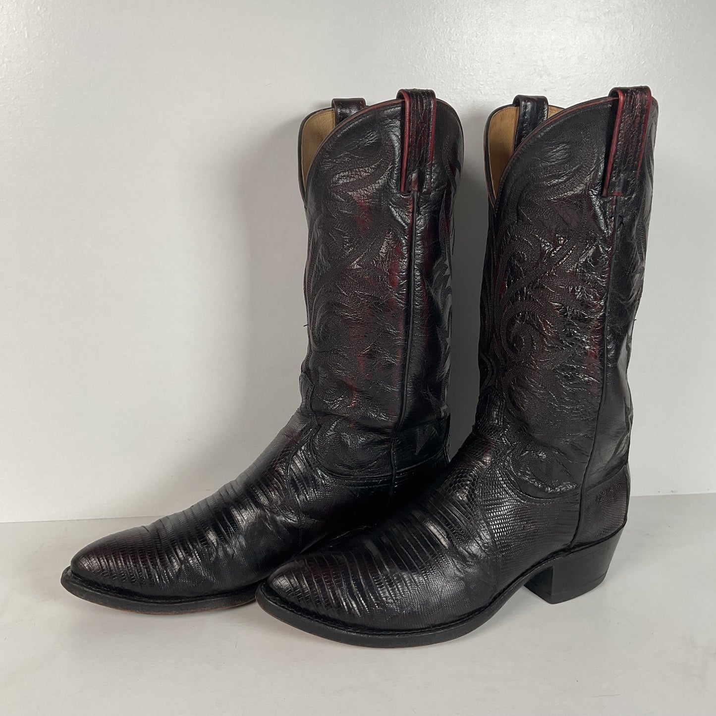Vintage Dan Post Teju Lizard Cowboy Boots | USA Made | Black Cherry | Men’s 9 D