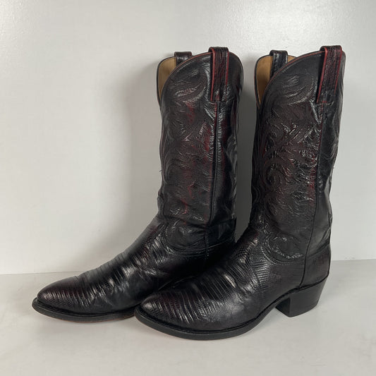 Vintage Dan Post Teju Lizard Cowboy Boots | USA Made | Black Cherry | Men’s 9 D