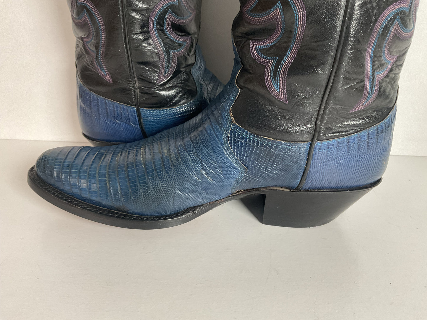 Vintage Justin Tall Blue Lizard Cowgirl Boots 6.5 B USA Made Recraft
