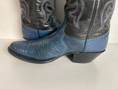 Vintage Justin Tall Blue Lizard Cowgirl Boots 6.5 B USA Made Recraft