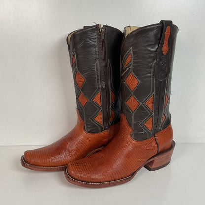 Serna Custom Cowboy Zipper Boots 10 Lizard Vamp, Tooled Inlay