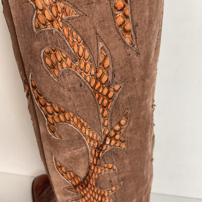 Vintage Larry Mahan Tall Cowgirl Boots 7 B Tooled Snakeskin Inlay