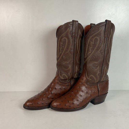 Vintage J Chisholm Exotic Full Quill Ostrich Cowboy Boots 8 D Brown USA Made