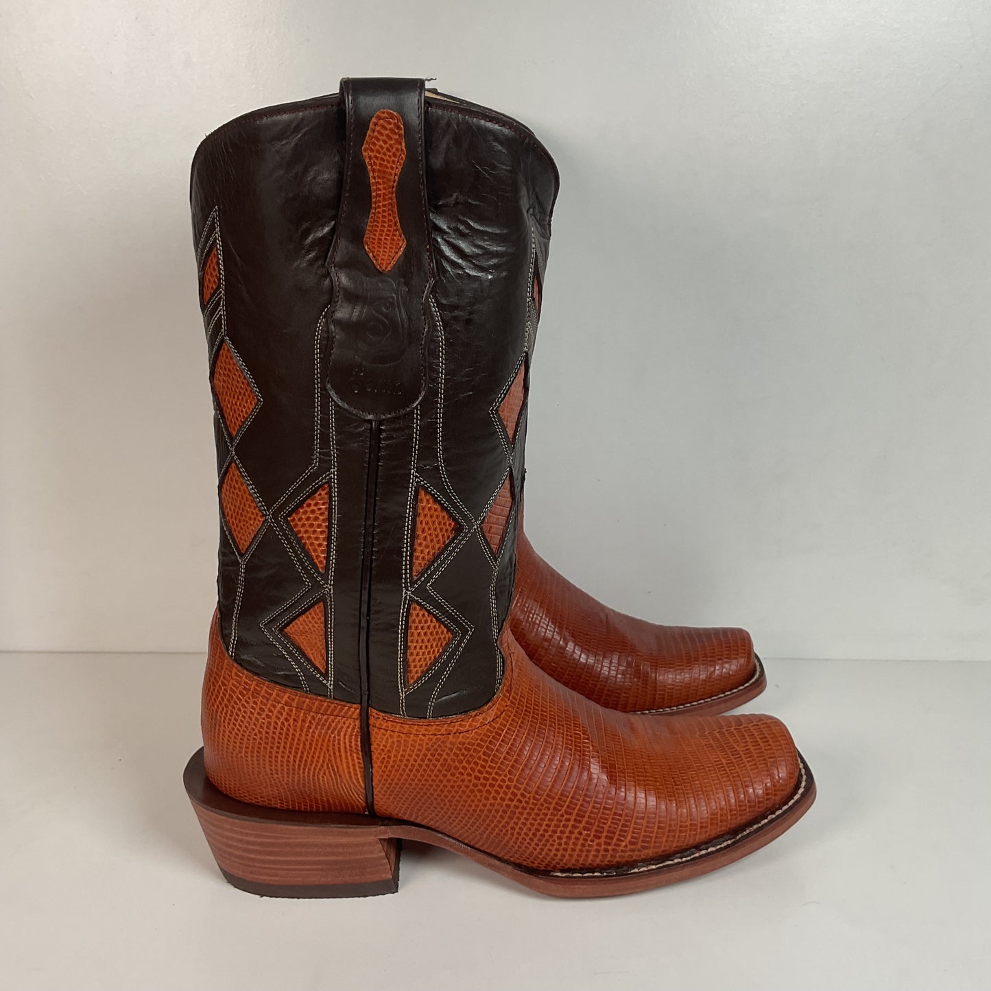 Serna Custom Cowboy Zipper Boots 10 Lizard Vamp, Tooled Inlay