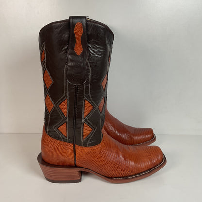 Serna Custom Cowboy Zipper Boots 10 Lizard Vamp, Tooled Inlay