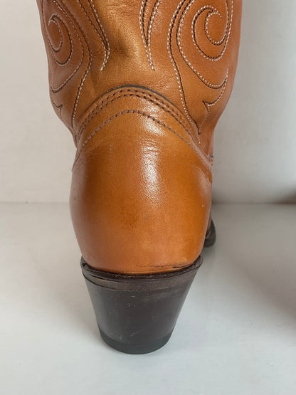 Vintage 1970s Acme Tooled Flower Inlay Cowgirl Boots 6.5 M USA Made