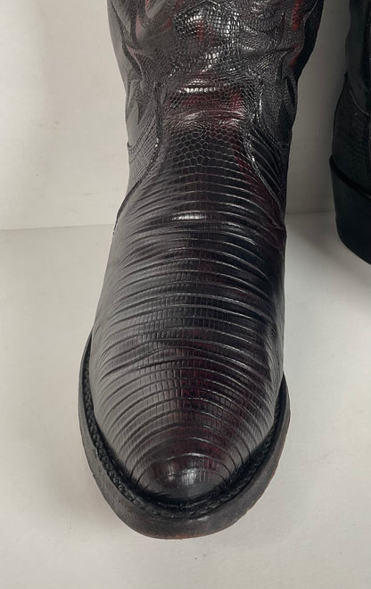 Vintage Dan Post Teju Lizard Cowboy Boots | USA Made | Black Cherry | Men’s 9 D