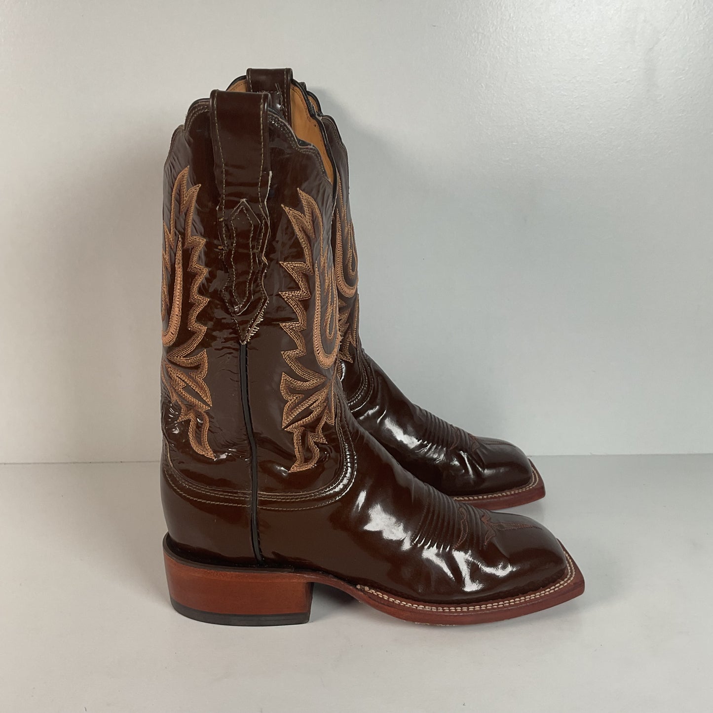 Lucchese 2000 Patent Leather Cowgirl Boots | Square Toe | Brown | USA Made | 6.5