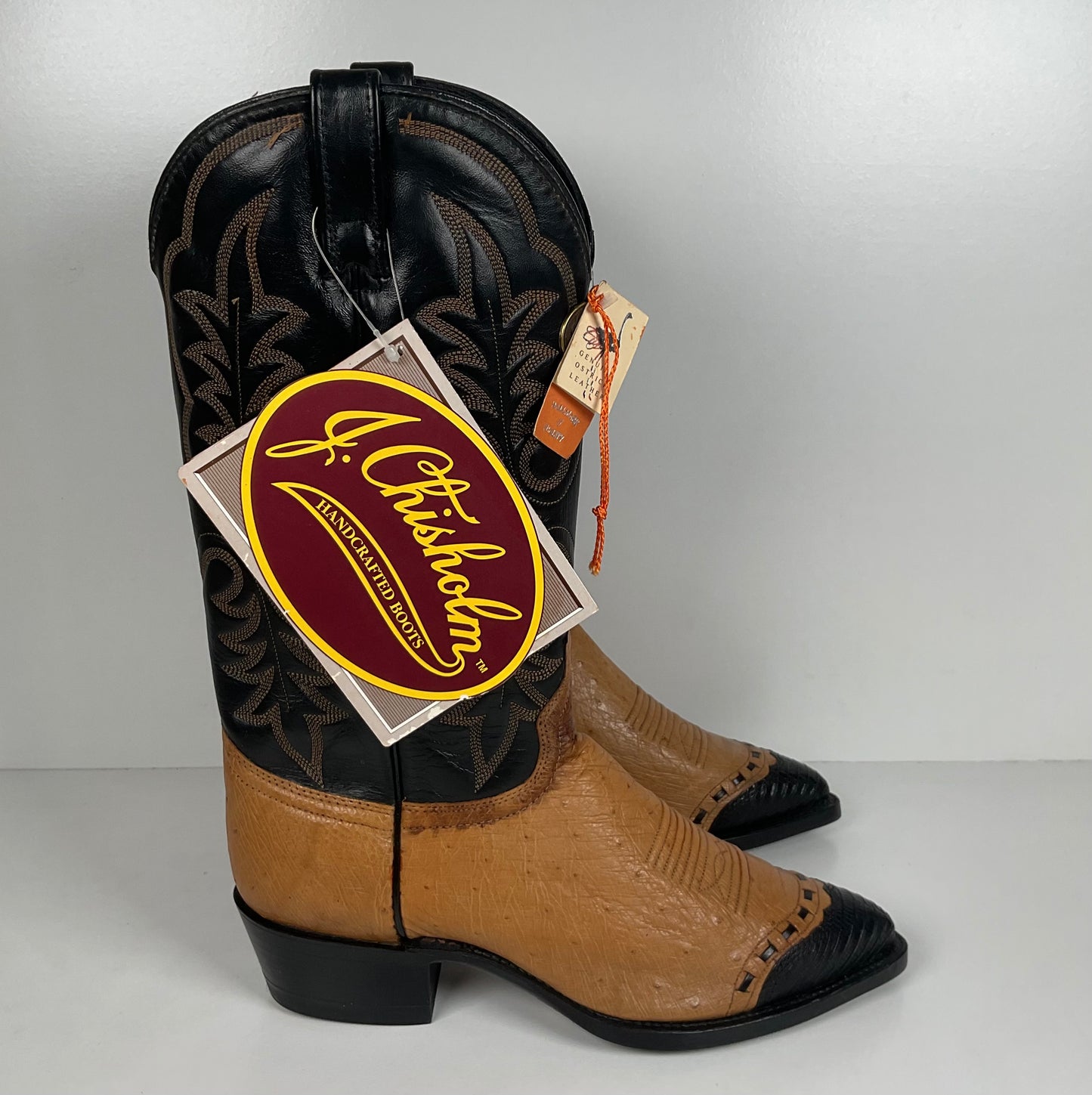 Vintage J. Chisholm Smooth Ostrich Cowboy Boots | Teju Lizard Wingtip | 8.5 EE