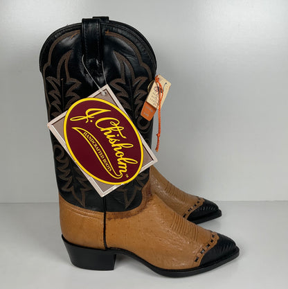 Vintage J. Chisholm Smooth Ostrich Cowboy Boots | Teju Lizard Wingtip | 8.5 EE