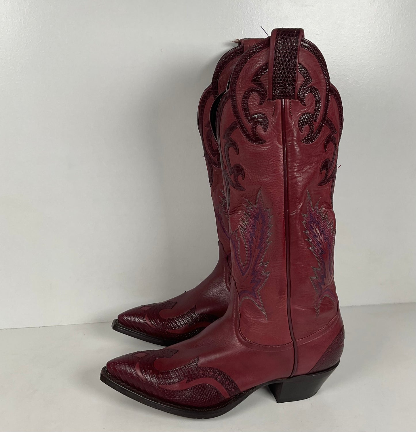 Tony Lama Lizard Wingtip Cowgirl Boots | Overlays | Cranberry | Women’s 6.5 M