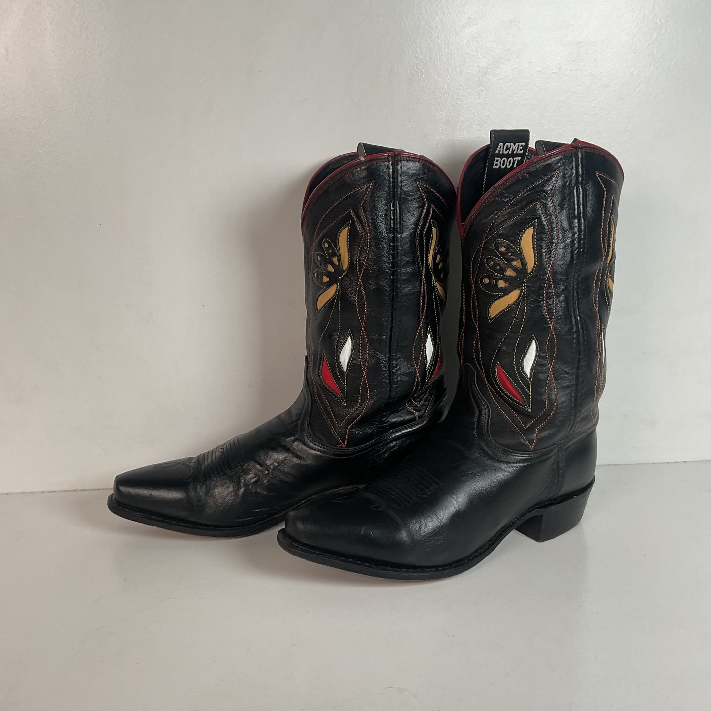 Acme Pee Wee Cowgirl Boots 10 M Tooled Tulip Inlay