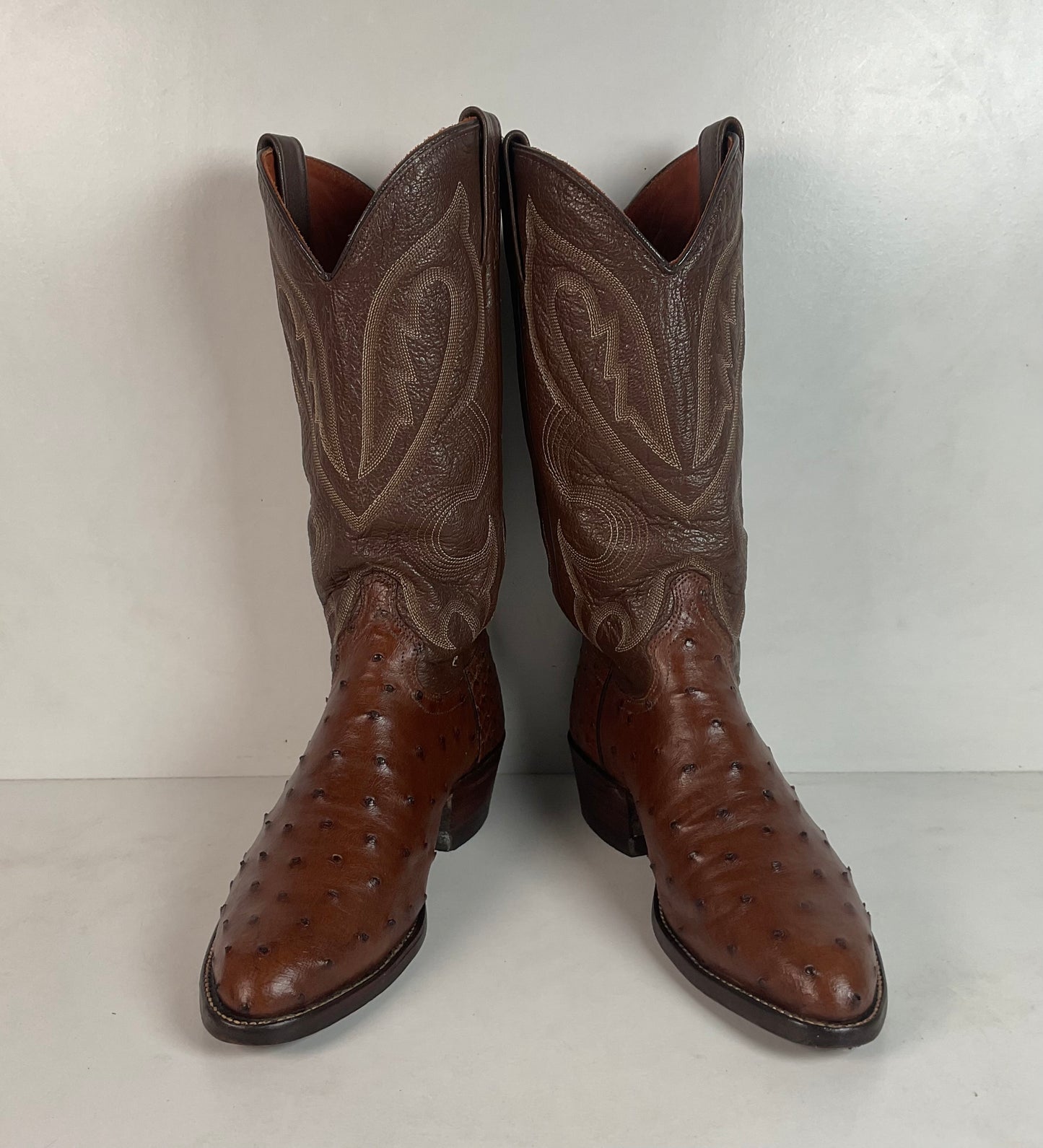Vintage J Chisholm Exotic Full Quill Ostrich Cowboy Boots 8 D Brown USA Made