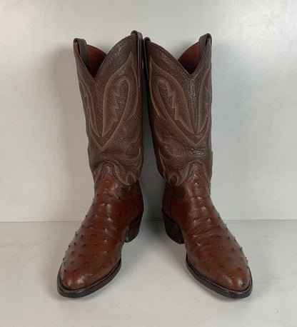Vintage J Chisholm Exotic Full Quill Ostrich Cowboy Boots 8 D Brown USA Made