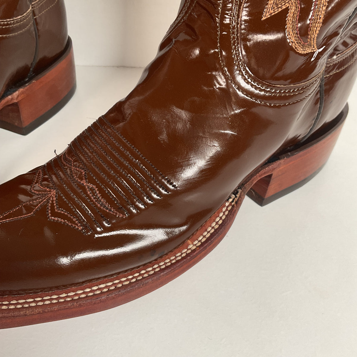 Lucchese 2000 Patent Leather Cowgirl Boots | Square Toe | Brown | USA Made | 6.5 C