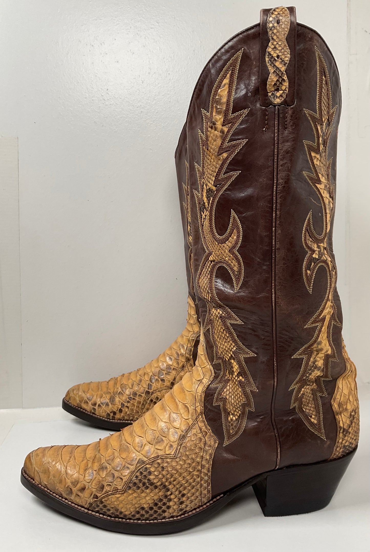 Vintage Dan Post Python Snakeskin Cowboy Boots 11 D Triad Inlay Spain