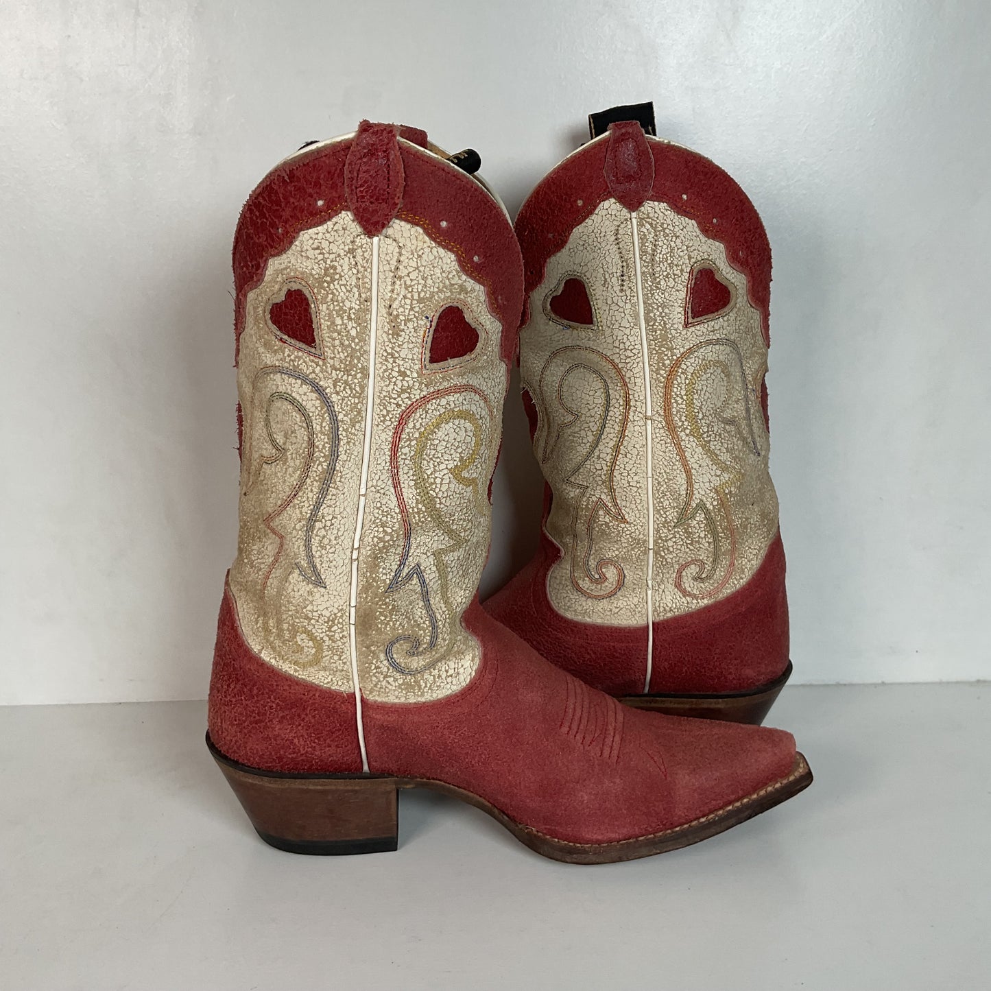 Justin Vintage Collection Cowgirl Boots 7 B Tooled Heart Inlay Crystal Suede